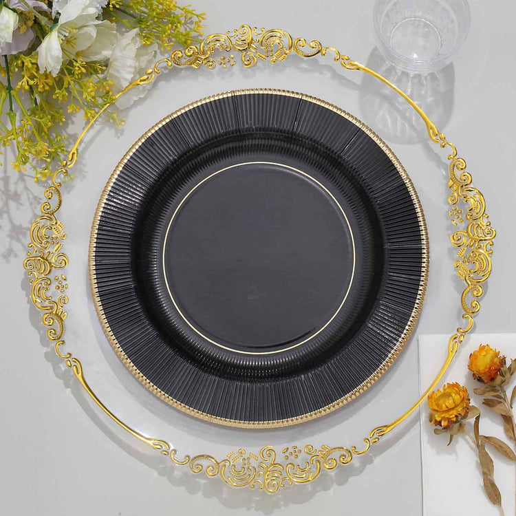 25 Pack Black Sunray Plates Gold Rimmed Serving Dinner Plates