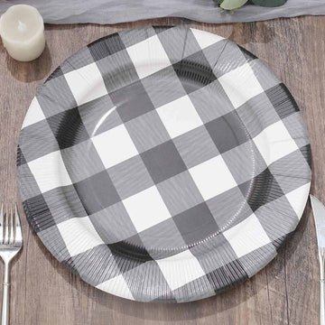 10 Pack Black / White Buffalo Plaid Disposable Serving Trays, Round Checkered Sunray Cardboard Charger Plates 350 GSM 13"