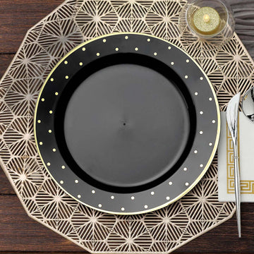 10 Pack Black With Gold Dot Rim Plastic Dinner Plates, Round Disposable Tableware Plates 10"