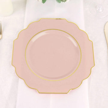 10 Pack Blush Hard Plastic Dessert Appetizer Plates, Disposable Tableware, Baroque Heavy Duty Salad Plates with Gold Rim 8"