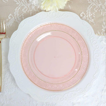 10 Pack Blush Plastic Dessert or Appetizer Plates With Gold Rim and Hammered Design 7.5"