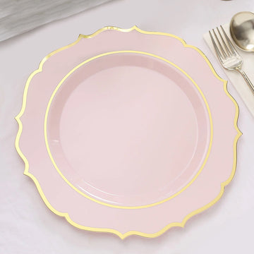 10 Pack Blush Plastic Dinner Plates Disposable Tableware Round With Gold Scalloped Rim 10"