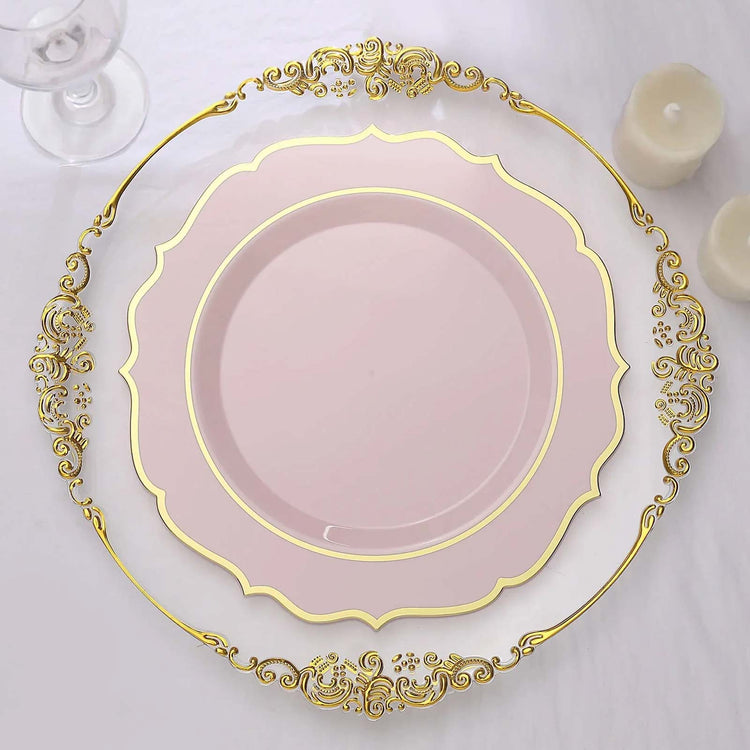 10 Pack Blush Plastic Dinner Plates Disposable Tableware Round With Gold Scalloped Rim 10"