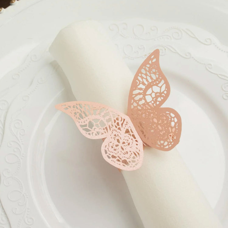 12 Pack Of Blush Rose Gold Paper Napkin Rings With Shimmery Butterfly Design