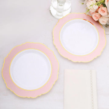 10 Pack Blush White Plastic Dessert Plates With Round Blossom Design, Disposable Salad Appetizer Plates With Gold Rim 8"
