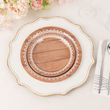 25 Pack Brown Wood Grain Print Paper Dinner Plates With Floral Lace Rim, Round Disposable