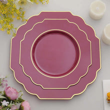 Set Of 10 Burgundy Plastic Salad Plates With Gold Rim & Baroque Edges