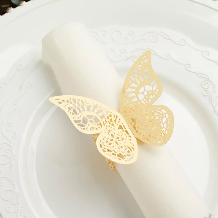 12 Pack Champagne 3D Butterfly Napkin Rings With Shimmery Lace Pattern
