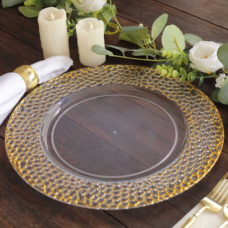 6 Pack Clear Acrylic Charger Plates With Gold Hammered Rim