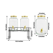 2 Pack Clear Dual Gallon Glass Beverage Dispenser Stand With Gold Metal Lids, Juice Jars