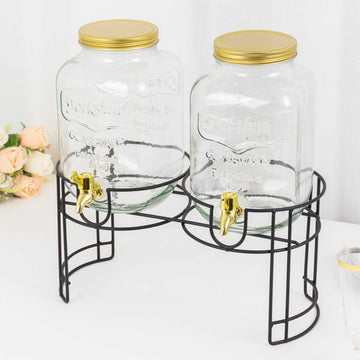 2 Pack Clear Dual Gallon Glass Beverage Dispenser Stand With Gold Metal Lids, Juice Jars With Spigot Included