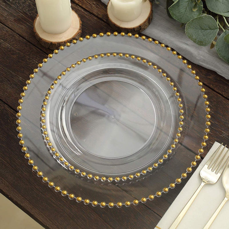 Pack Of 8 Inch Disposable Appetizer Plates In Clear Plastic With Gold Beaded Rim