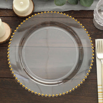 10 Pack Clear / Gold Beaded Rim Plastic Dinner Plates, Disposable Round Party Plates 10"