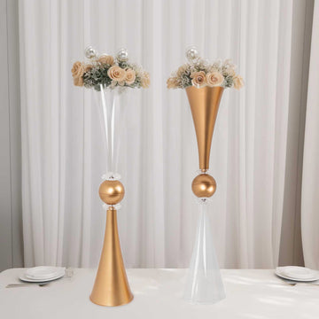 2 Pack Clear Gold Crystal Embellishment Trumpet Table Centerpiece, Reversible Plastic Flower Vase - 27"