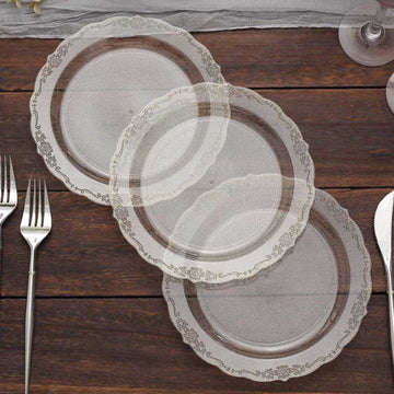 12 Pack Clear Gold Glittered Premium Plastic Dessert Salad Plates, Disposable Plates With Floral Rim Scalloped Edges 7"
