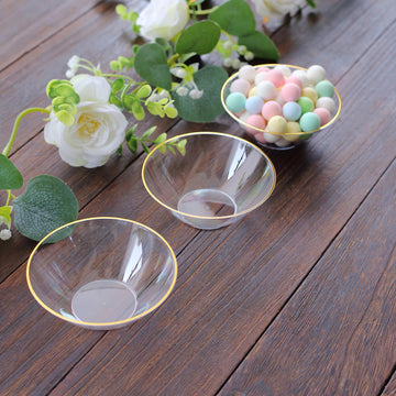 Elevate Your Gatherings with Clear / Gold Rim Heavy Duty Plastic Dessert Bowls
