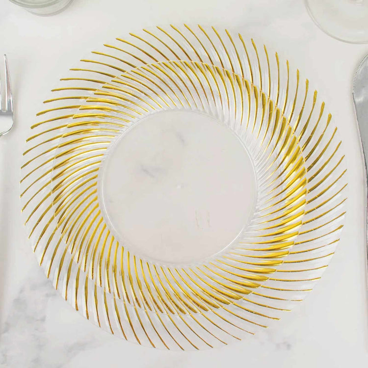 10 Pack | 7inch Clear / Gold Swirl Rim Plastic Dessert Appetizer Plates
