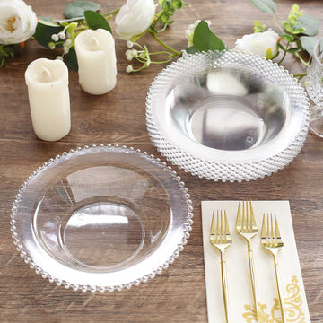 Elegant Clear Plastic Soup Bowls with Silver Beaded Rim - Perfect for Your Special Event