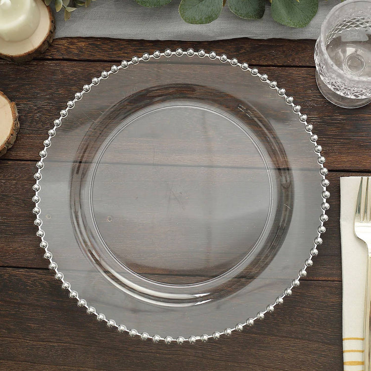 Clear Hard Plastic Round Dinner Plates With Silver Beaded Rim Style 10 Inches