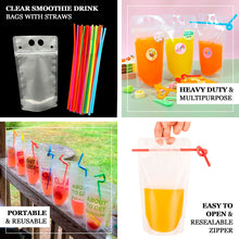 50 Pack Clear Stand-Up Plastic Drink Pouches with Straws, 12oz Reclosable Hand-Held Zipper Juice