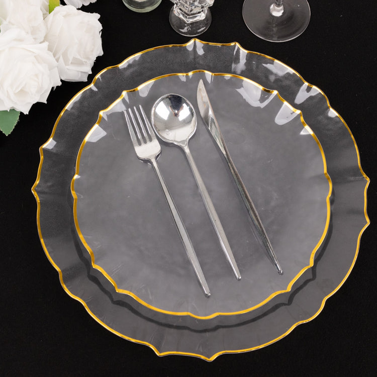 10 Pack Clear Sunflower Plastic Dinner Plates with Gold Scalloped Rim