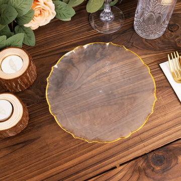 Elegant and Sophisticated Clear Sunflower Plastic Dessert Plates with Gold Scalloped Rim