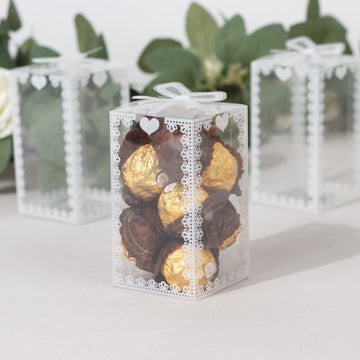 25 Pack Clear Rectangle Party Favor Boxes With Bowknot and White Lace Pattern, 4" Transparent Plastic Candy Gift Boxes - 2"x2"x4"
