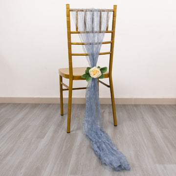 5 Pack Dusty Blue Sheer Crinkled Organza Chair Sashes, Premium Shimmer Chiffon Layered Chair Sashes 6"x108"