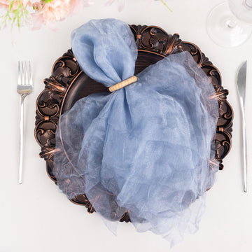 5 Pack Dusty Blue Sheer Crinkled Organza Wedding Napkins, Premium Shimmer Decorative Dinner Napkins 21"x21"