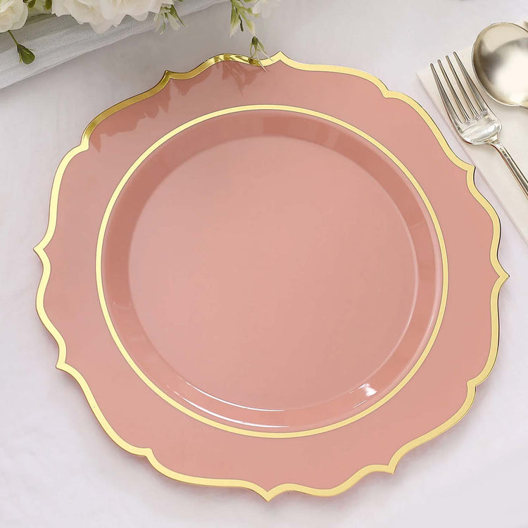 Dusty Rose Plastic Dinner Plates With Gold Scalloped Rim