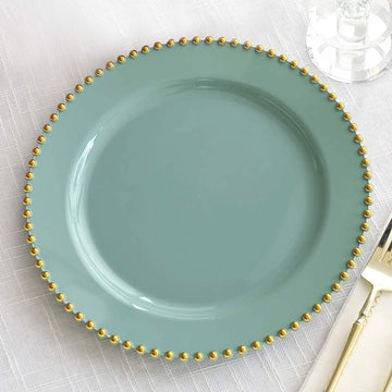 10 Pack Dusty Sage Green Plastic Dinner Plates with Gold Beaded Rim, Round Disposable Party Plates - 10"