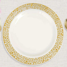 10 Pack Of Fancy Gold Lace Rim Ivory Plastic 10 Inch Dinner Plates Disposable 