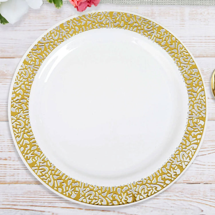 White Plastic Dinner Plates With Fancy Gold Lace Rim 10 Inch Disposable 10 Pack