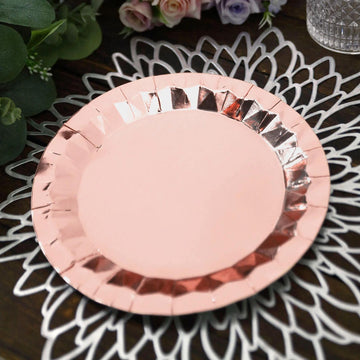 25 Pack Geometric Metallic Rose Gold Foil Dinner Paper Plates, Disposable Party Plates 400 GSM 9"