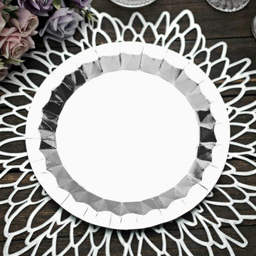 25 Pack Geometric Metallic Silver Foil Dinner Paper Plates, Disposable Party Plates 400 GSM 9"