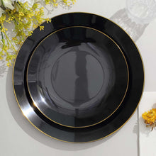 10 Pack Glossy Black Round Plastic Dessert Plates With Gold Rim, Disposable Appetizer Salad Party Plates 8"