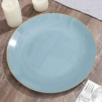 Elegant Dusty Blue Round Plastic Dinner Plates with Gold Rim