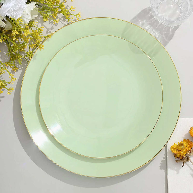 Sage Green Round 8 Inch Plastic Plates with Gold Rim 10 Pack