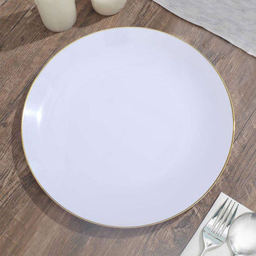 Elevate Your Table Settings with Glossy White Round Plastic Dinner Plates with Gold Rim