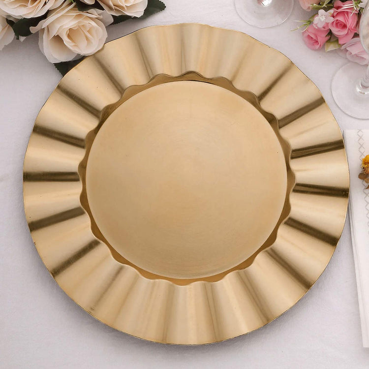 6 Pack Gold Acrylic Plastic Charger Plates With Wavy Scalloped Rim, Round Disposable Serving Plates 13"