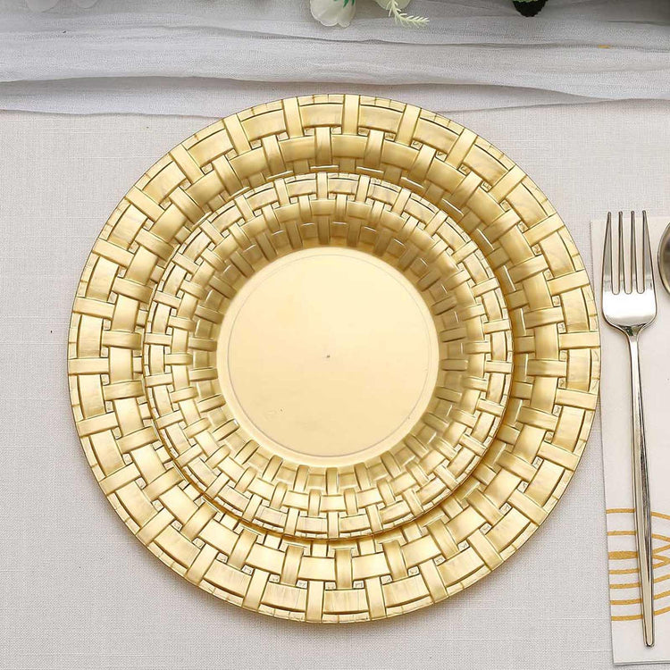 10 Pack Of Gold Plastic Salad Dessert Plates With Basketweave Rim