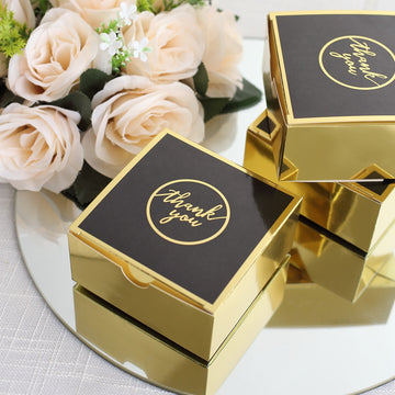 25 Pack Black Gold "Thank You" Print Paper Gift Boxes, Cardstock Party Shower Candy Favor Boxes - 4"x4"x2"
