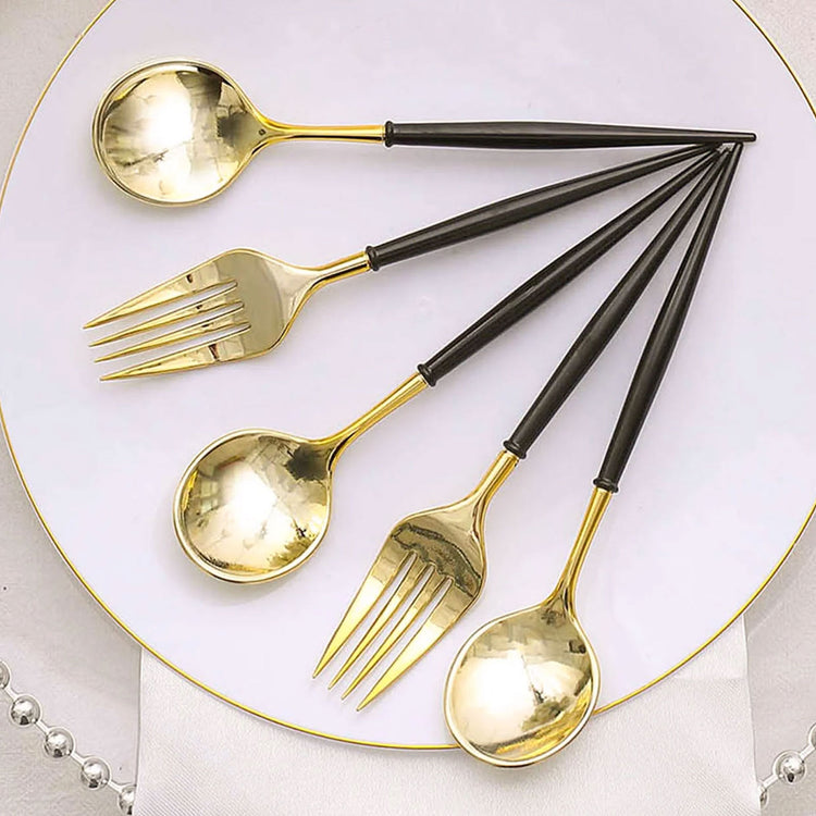 24 Pack | 6inch Gold / Black Premium Plastic Fork / Spoon Utensil Set