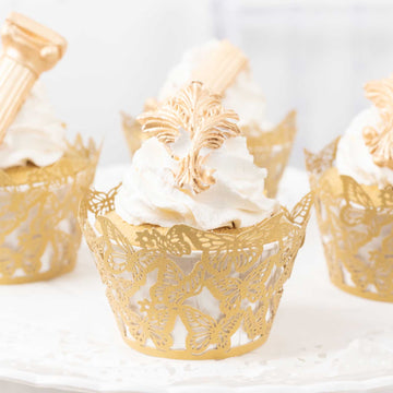 25 Pack Gold Butterfly Lace Pattern Paper Cupcake Liners, 3" Round Muffin Wrapper Cups