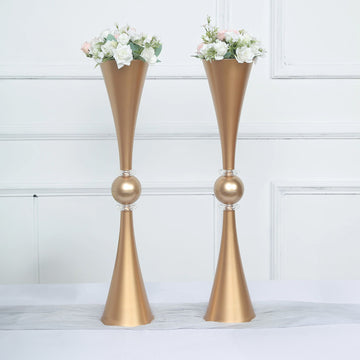 2 Pack Gold Crystal Embellishment Trumpet Table Centerpiece, Reversible Plastic Flower Vase 27"