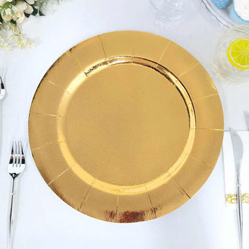 10 Pack Gold Disposable Charger Plates, Cardboard Serving Tray, Round with Leathery Texture 1100 GSM 13"
