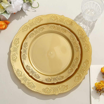 10 Pack Gold Embossed Hard Plastic Dessert Appetizer Plates, Disposable Round Salad Plates With Scalloped Edges 7.5"