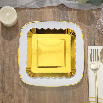 50 Pack Gold Foil Scalloped Rim Dessert Paper Plates, Disposable Square Appetizer Plates 5"