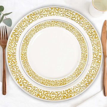 10 Pack Gold Lace Rim White Plastic Dessert Appetizer Plates, Disposable Salad Plates 6"