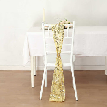 5 Pack Gold Leaf Vine Embroidered Sequin Tulle Chair Sashes - 6"x88"